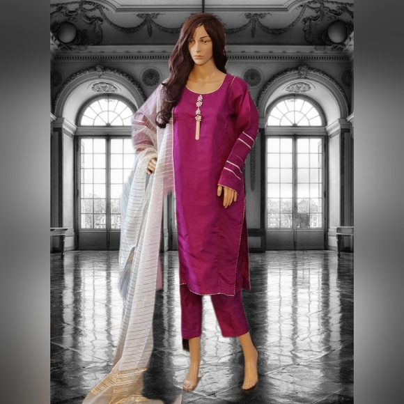 Pakistani Indian salwar kameez/ 3 peice salwar kameez suit/ China Raw Silk shirt - Picture 2 of 8